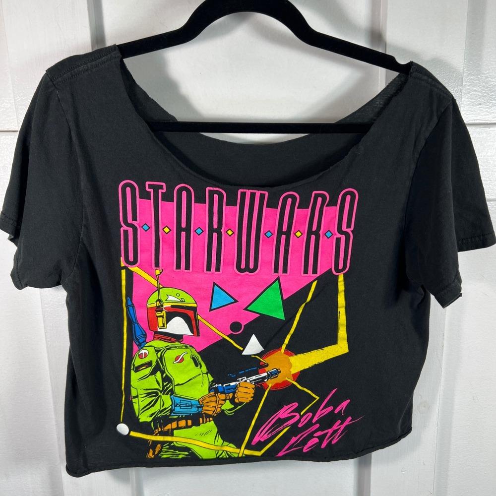 Star Wars Boba Fett Graphic Crop Top Black Neon 80s Retro Raw Hem Small